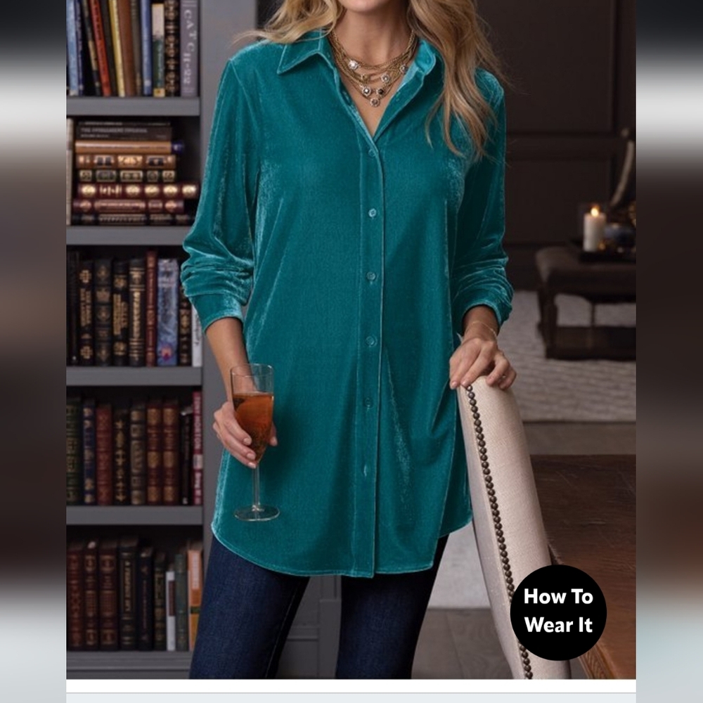 Soft Surroundings Teal Velvet Boyfriend Tunic Shirt